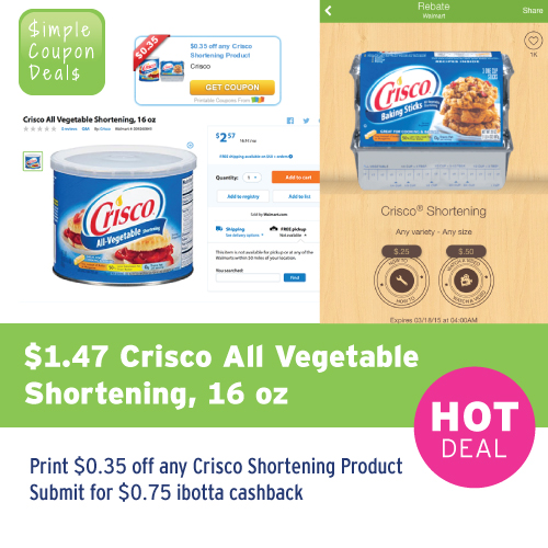 Crisco All Vegetable Shortening, 16oz only 1.47 Walmart! Simple