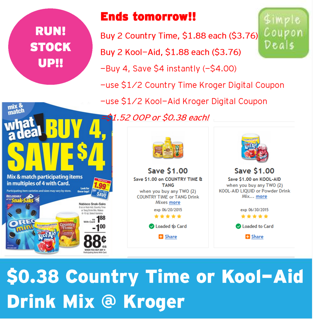 HURRY! Ends Tomorrow! 0.38 Country Time, Tang or KoolAid Drink Mixes